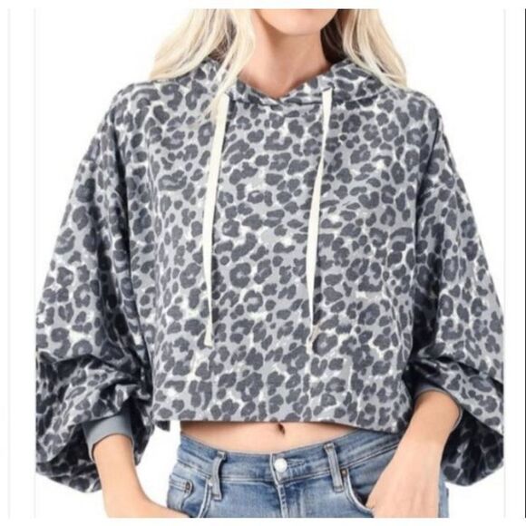 ZENANA FRENCH TERRY GRAY LEOPARD PRINT DROP SHOULDER DRAWSTRING CROP HOODIE  XL - Picture 3 of 4